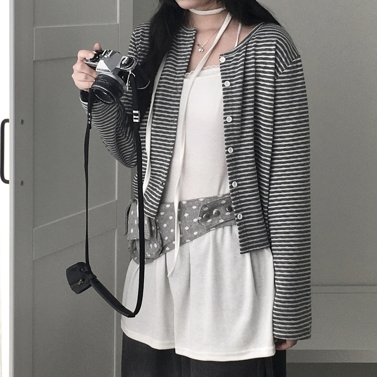 ビンテージドットストライプ長袖カーディガン GREY