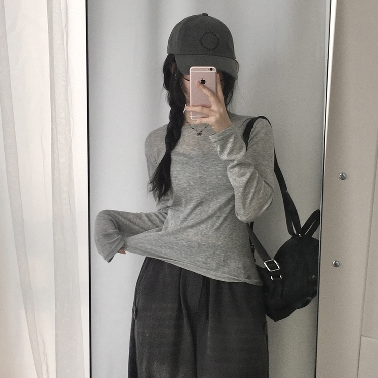 レイヤードシースルーラウンド長袖Tシャツ GREY