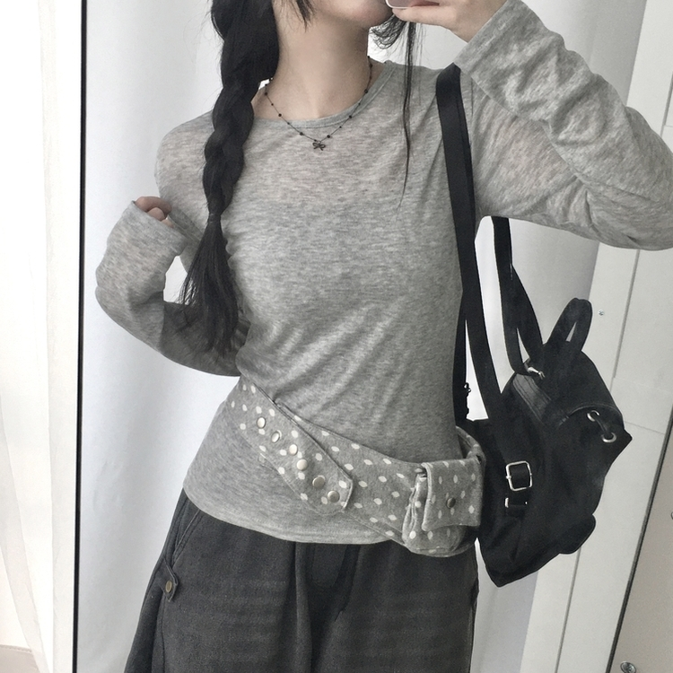 レイヤードシースルーラウンド長袖Tシャツ GREY