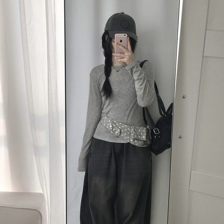 レイヤードシースルーラウンド長袖Tシャツ GREY