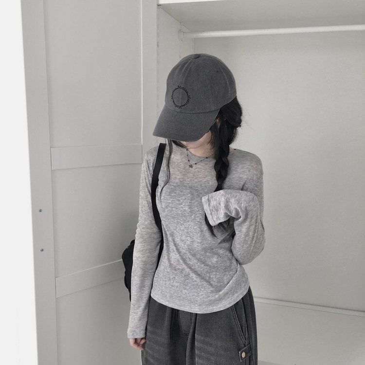 レイヤードシースルーラウンド長袖Tシャツ GREY
