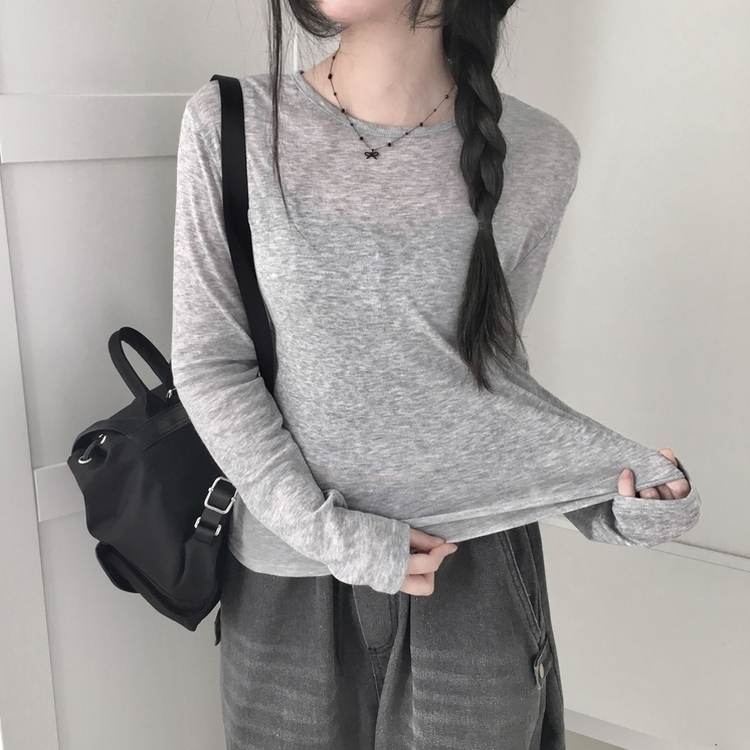 レイヤードシースルーラウンド長袖Tシャツ GREY