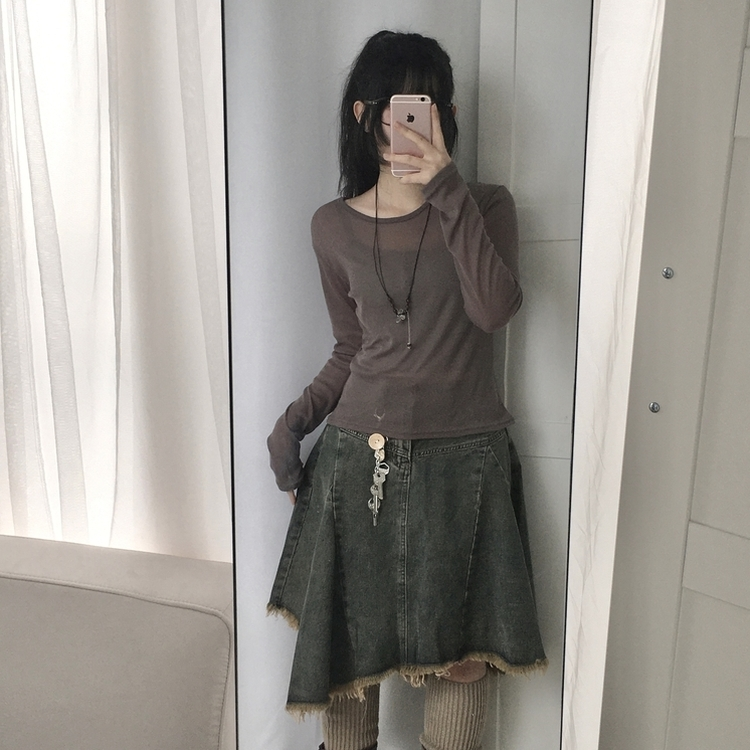 レイヤードシースルーラウンド長袖Tシャツ COCOA