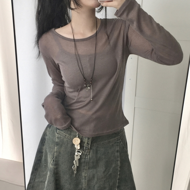 レイヤードシースルーラウンド長袖Tシャツ COCOA