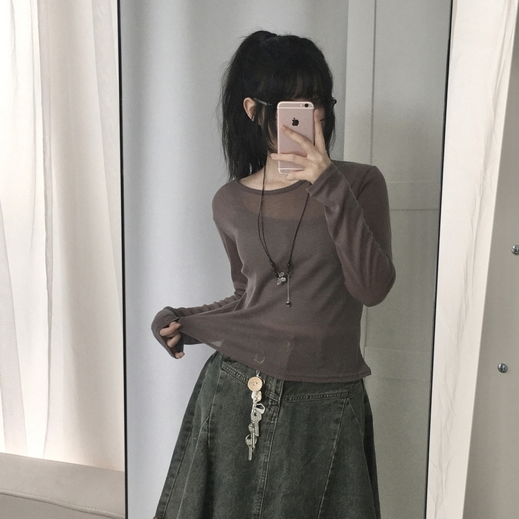 レイヤードシースルーラウンド長袖Tシャツ COCOA