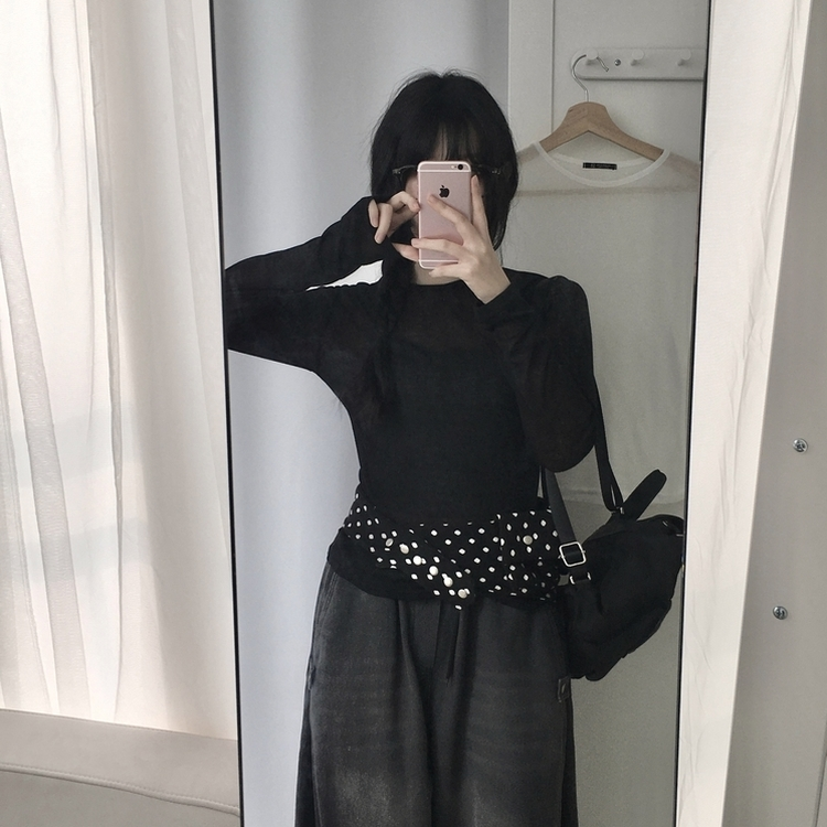 レイヤードシースルーラウンド長袖Tシャツ BLACK