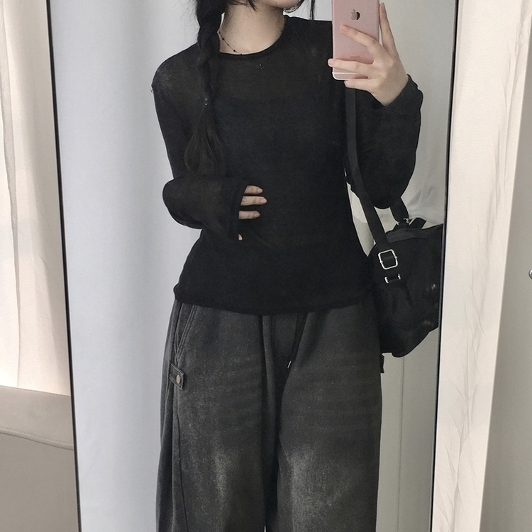 レイヤードシースルーラウンド長袖Tシャツ BLACK