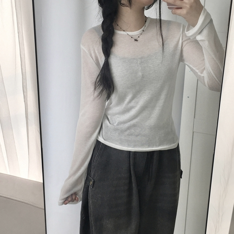 レイヤードシースルーラウンド長袖Tシャツ WHITE