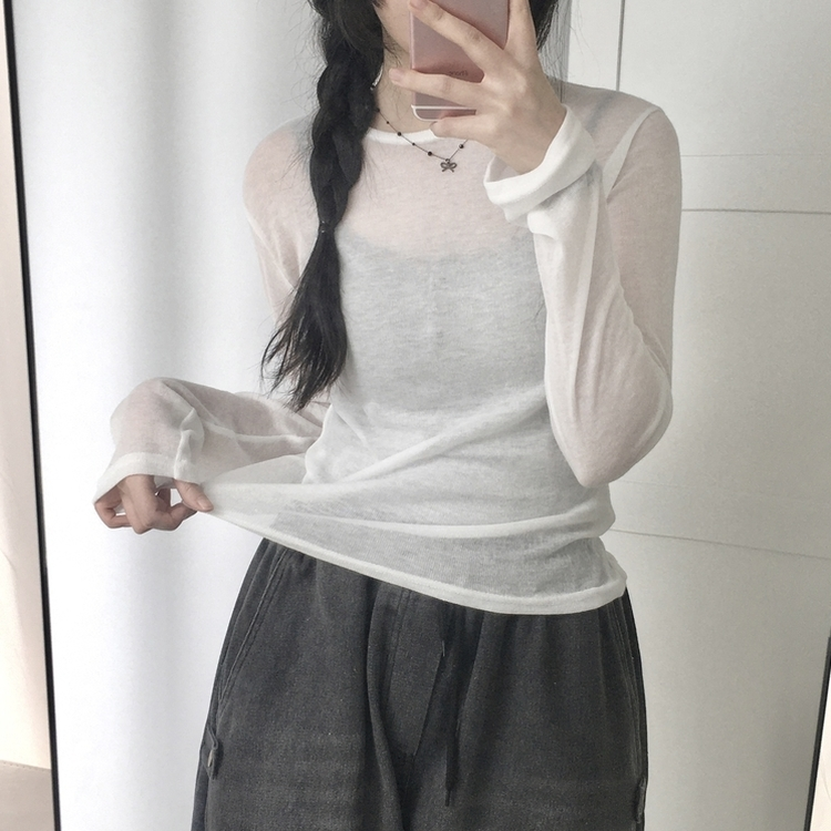 レイヤードシースルーラウンド長袖Tシャツ WHITE
