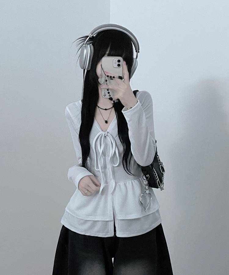リボンVネックレイヤードフリルカーディガン WHITE