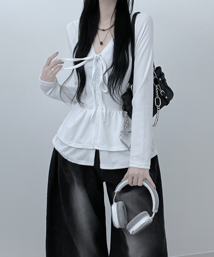 リボンVネックレイヤードフリルカーディガン WHITE