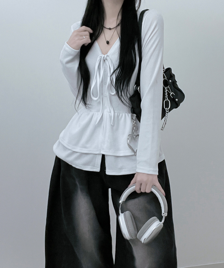 リボンVネックレイヤードフリルカーディガン WHITE