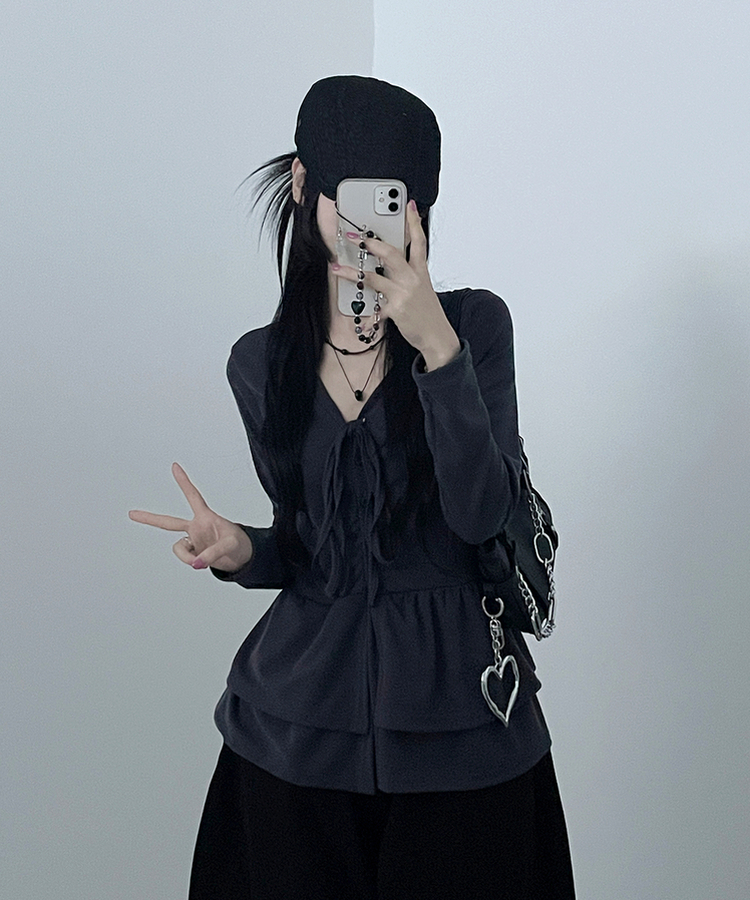リボンVネックレイヤードフリルカーディガン CHARCOAL