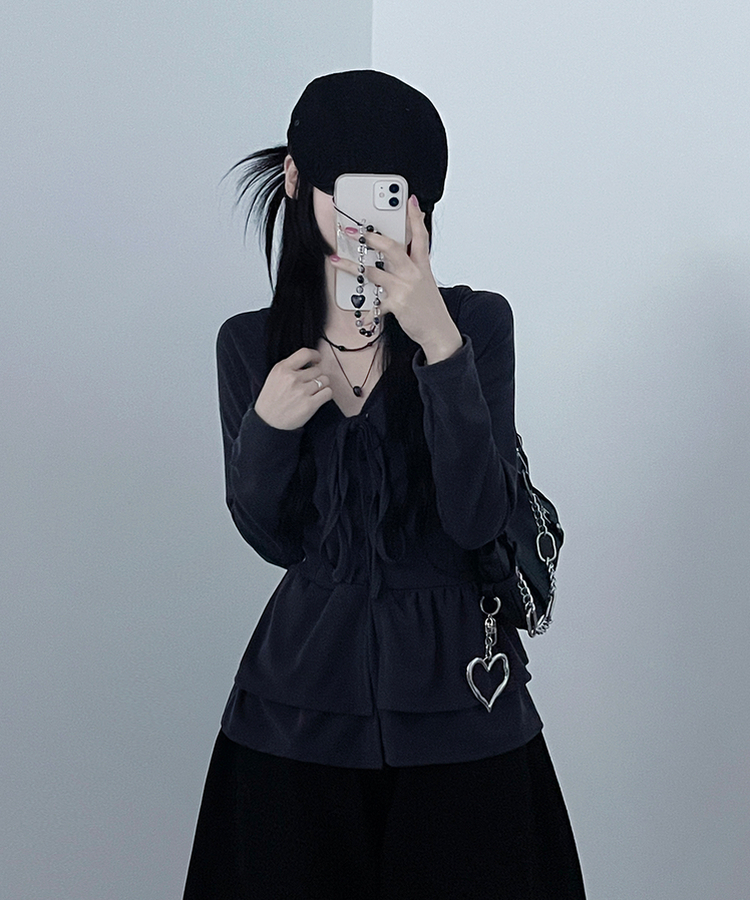 リボンVネックレイヤードフリルカーディガン CHARCOAL