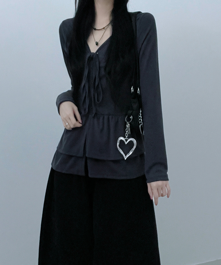 リボンVネックレイヤードフリルカーディガン CHARCOAL