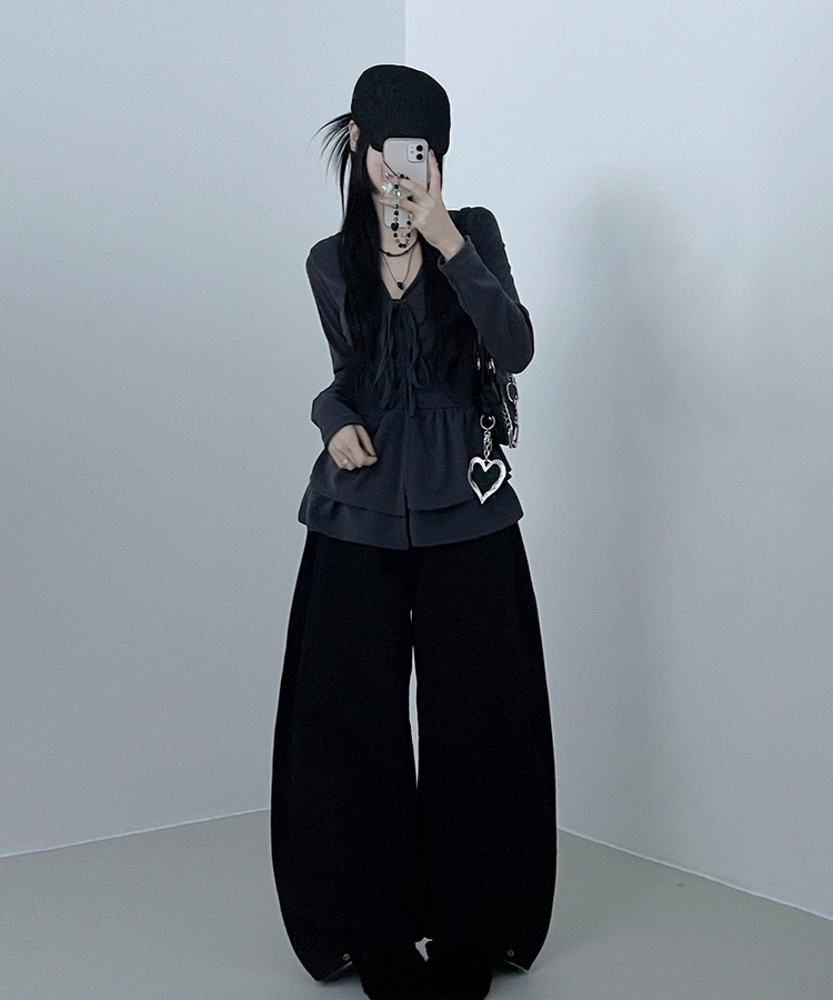 リボンVネックレイヤードフリルカーディガン CHARCOAL