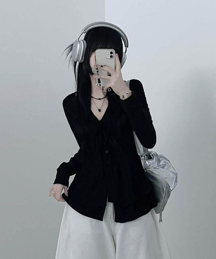 リボンVネックレイヤードフリルカーディガン BLACK