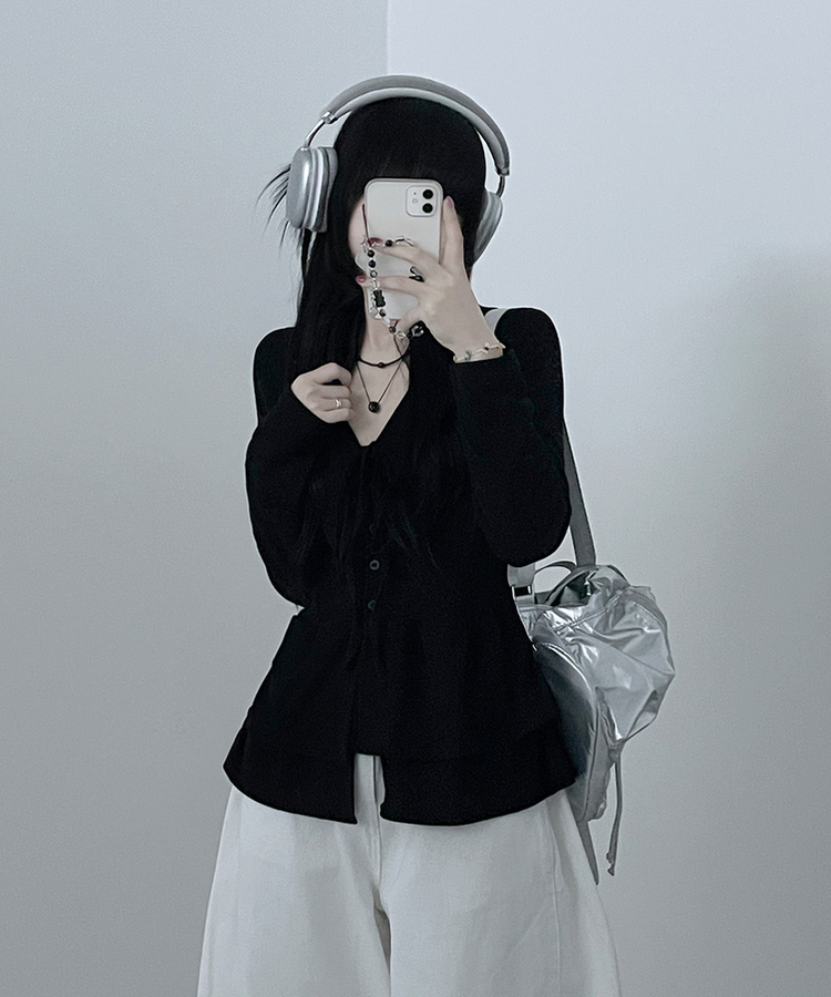 リボンVネックレイヤードフリルカーディガン BLACK
