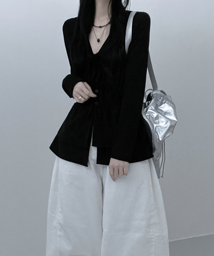 リボンVネックレイヤードフリルカーディガン BLACK