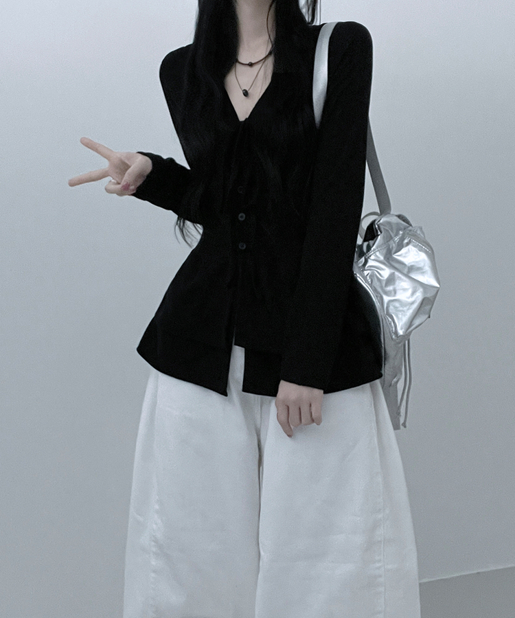 リボンVネックレイヤードフリルカーディガン BLACK