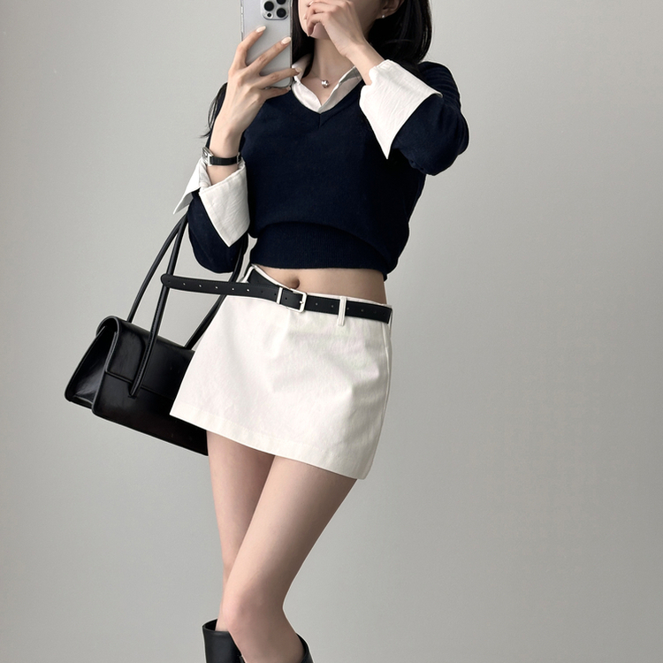 カシミアVネッククロップニット(7color) DARK BLUE
