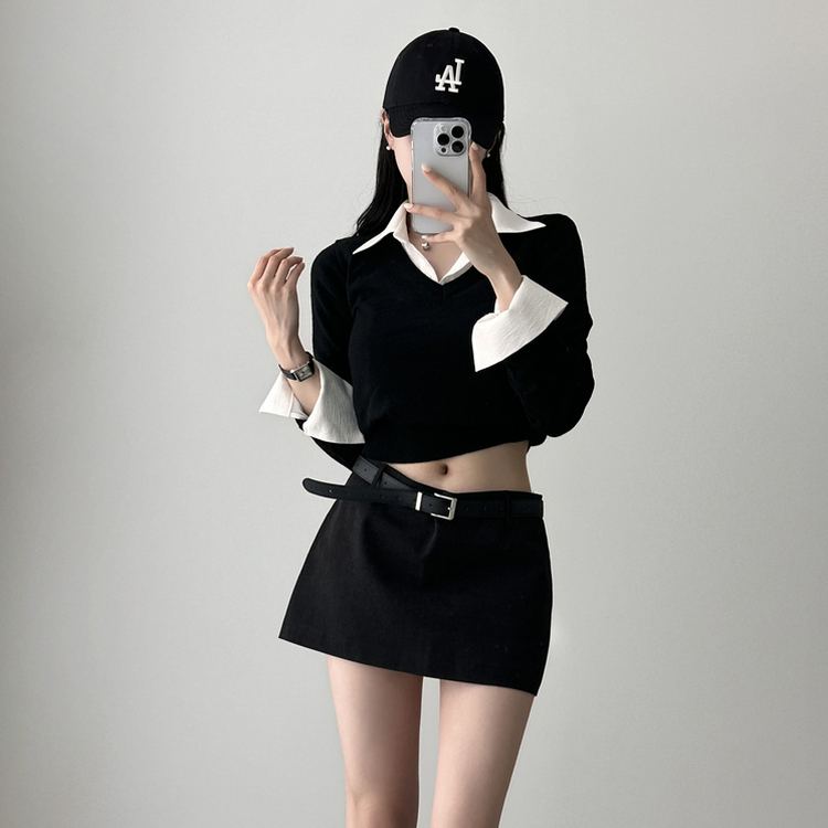 カシミアVネッククロップニット(7color) BLACK