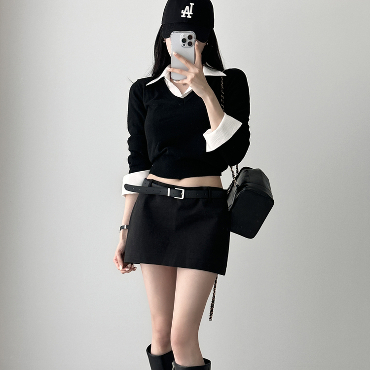 カシミアVネッククロップニット(7color) BLACK