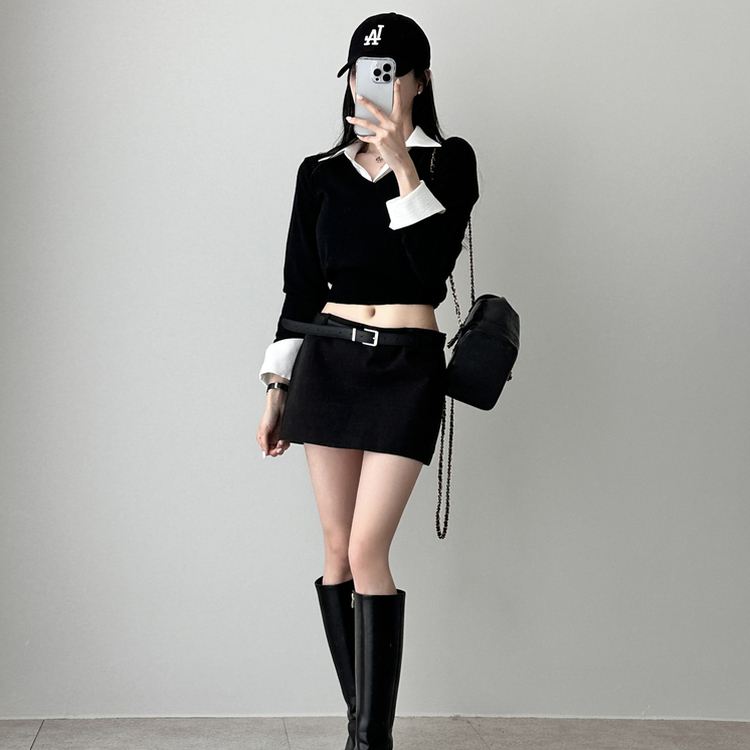 カシミアVネッククロップニット(7color) BLACK