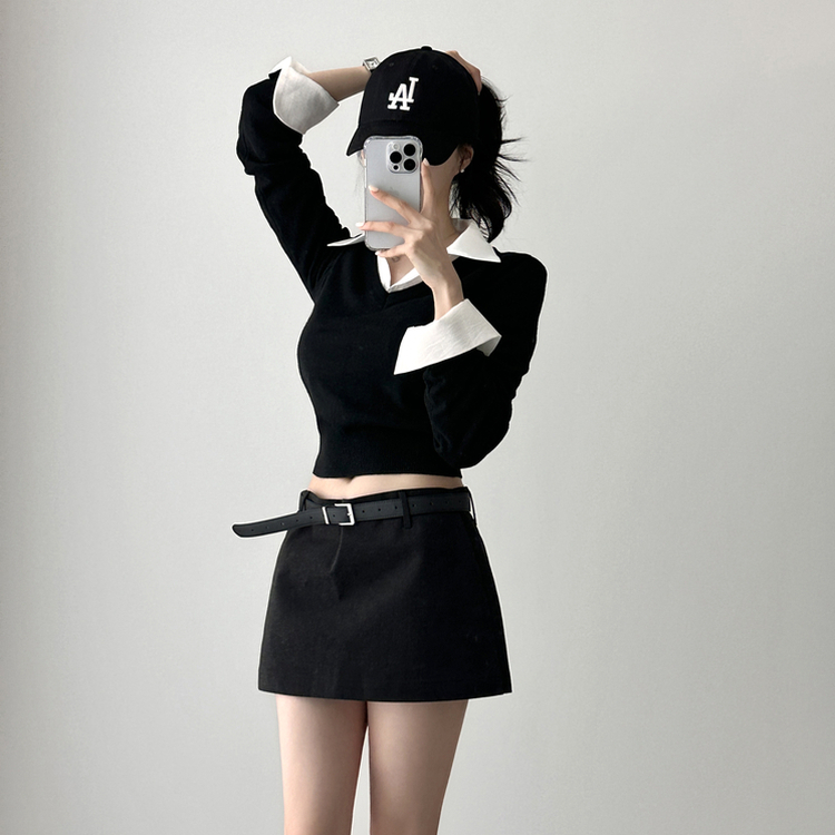 カシミアVネッククロップニット(7color) BLACK