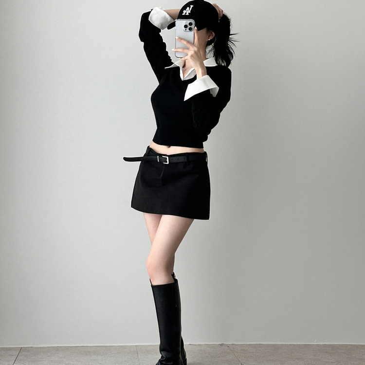カシミアVネッククロップニット(7color) BLACK