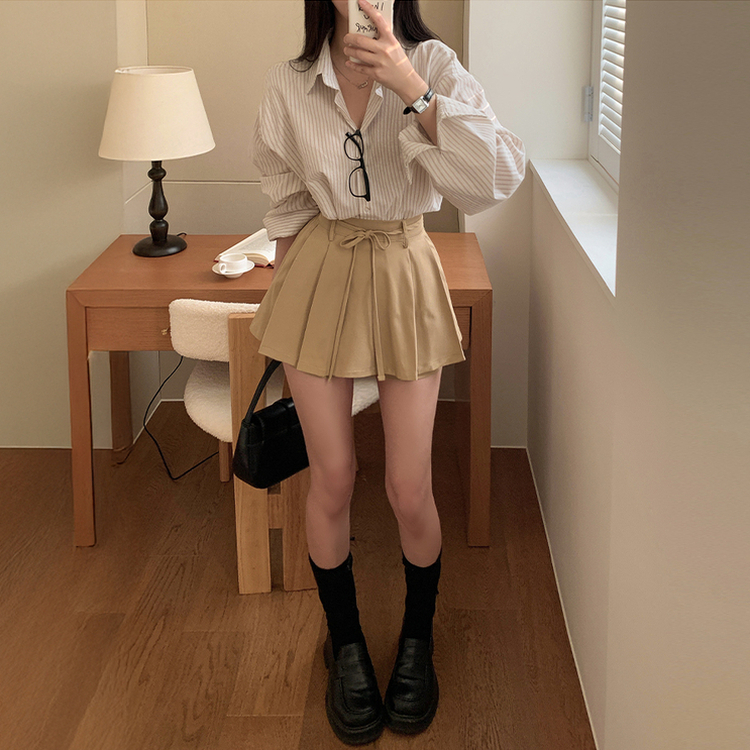 スカートパンツリボンプリーツミニスカート BEIGE