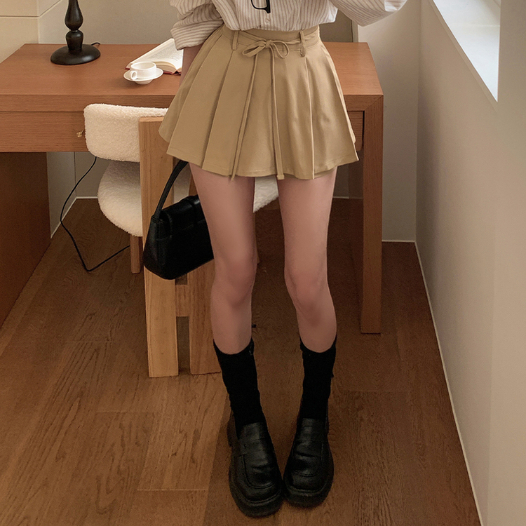 スカートパンツリボンプリーツミニスカート BEIGE