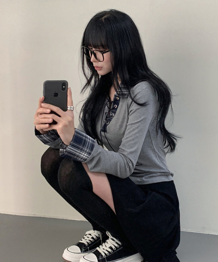 チェックコルセットレイヤードルックシャツ GREY