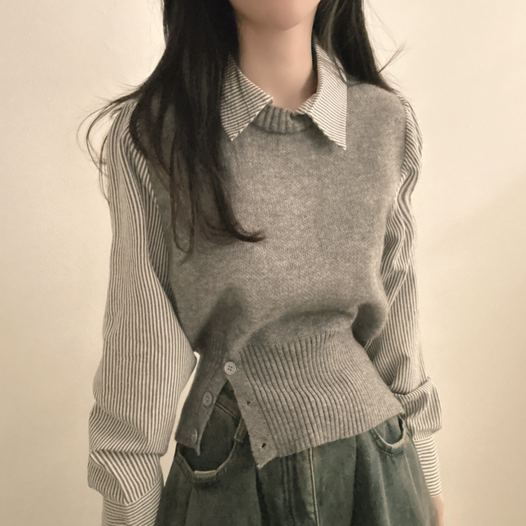 レイヤードボタンニット ストライプシャツ GREY