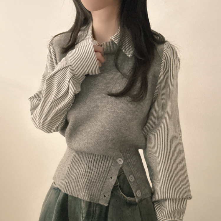 レイヤードボタンニット ストライプシャツ GREY