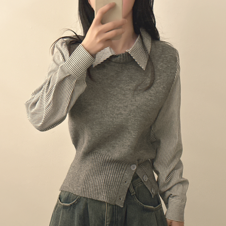 レイヤードボタンニット ストライプシャツ GREY