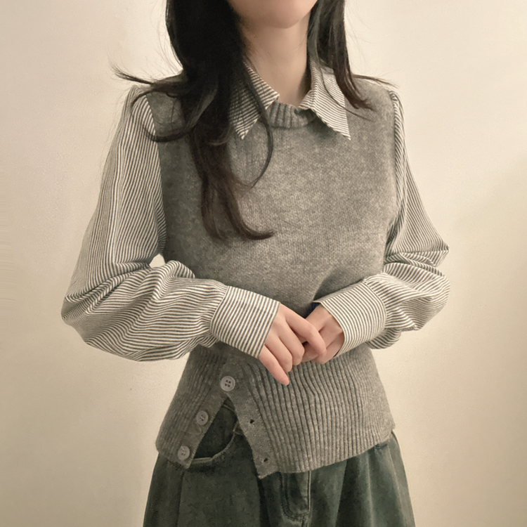 レイヤードボタンニット ストライプシャツ GREY
