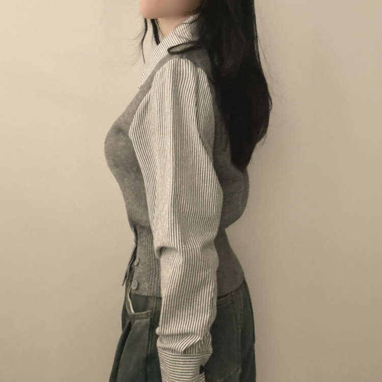 レイヤードボタンニット ストライプシャツ GREY
