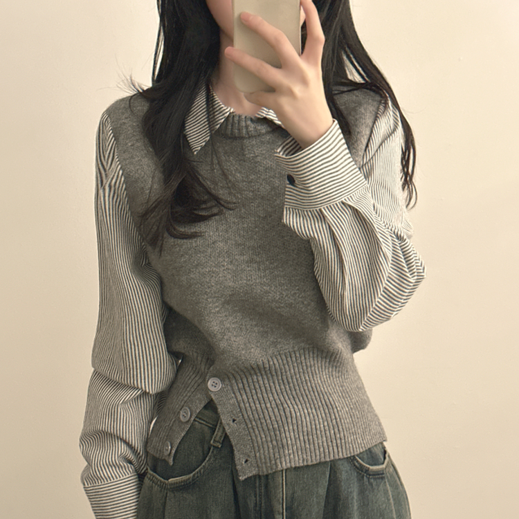 レイヤードボタンニット ストライプシャツ GREY