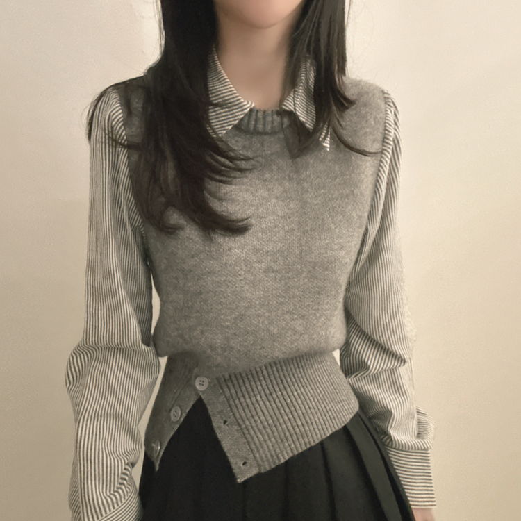 レイヤードボタンニット ストライプシャツ GREY
