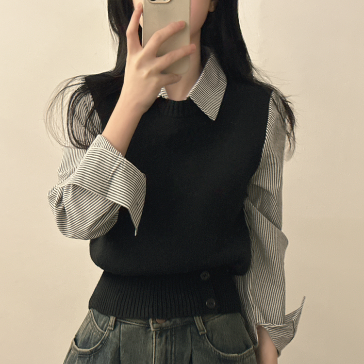 レイヤードボタンニット ストライプシャツ BLACK