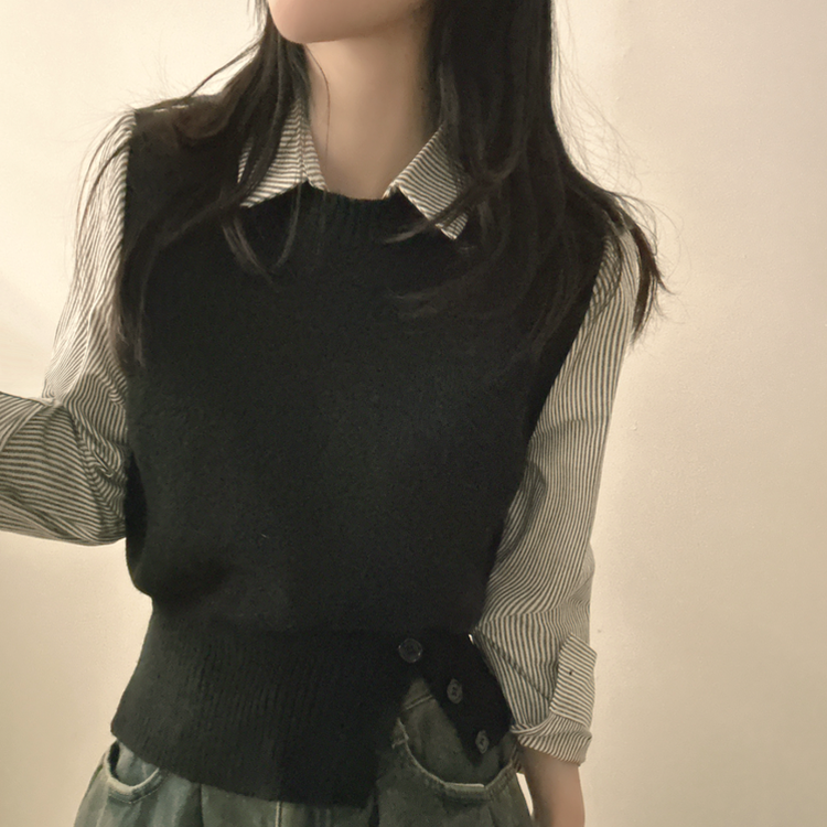 レイヤードボタンニット ストライプシャツ BLACK