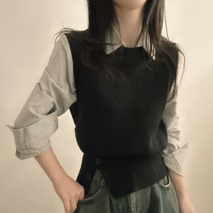 レイヤードボタンニット ストライプシャツ BLACK
