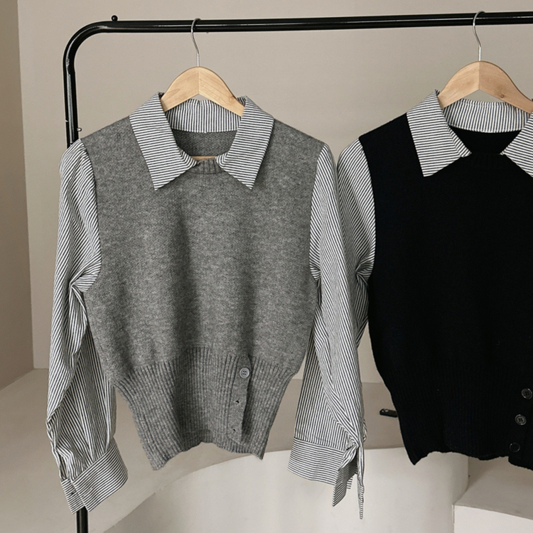 レイヤードボタンニット ストライプシャツ