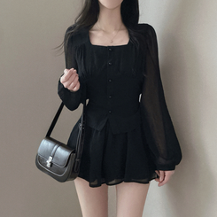 スクエアネックブラウス＋フレアミニスカート BLACK