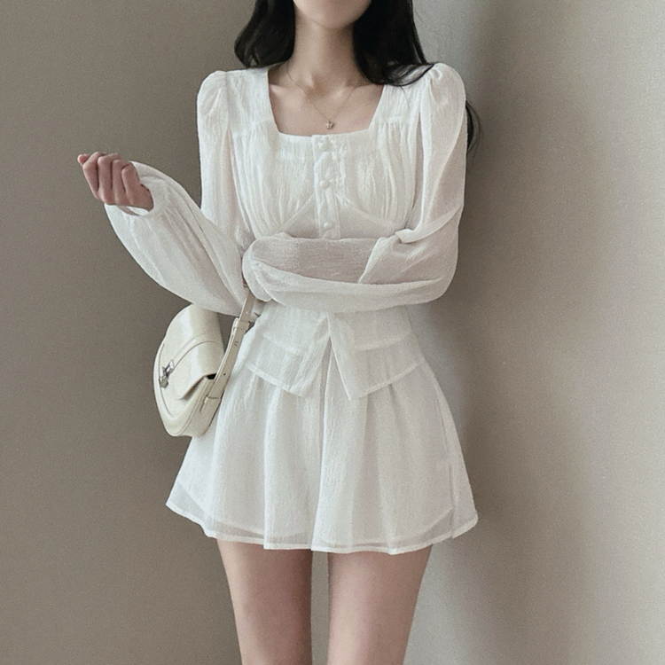 スクエアネックブラウス＋フレアミニスカート WHITE