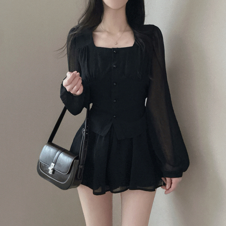 スクエアネックブラウス＋フレアミニスカート BLACK