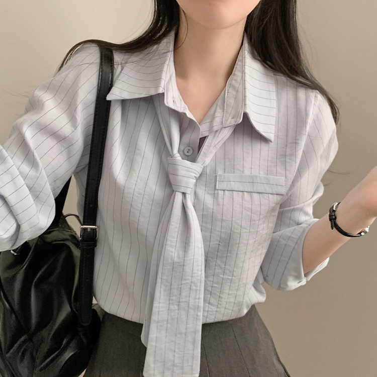 【タイ付き】ストライプシャツブラウス SKY BLUE