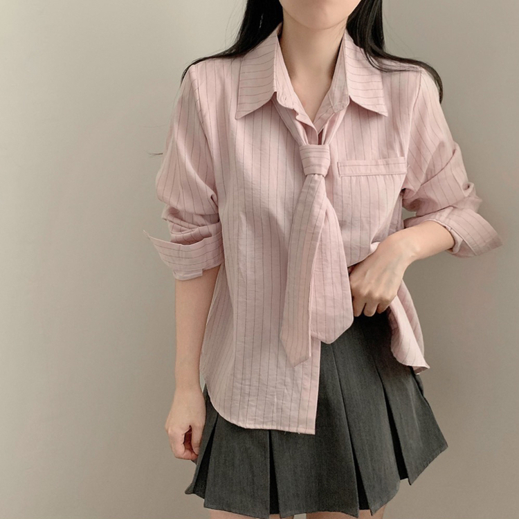【タイ付き】ストライプシャツブラウス PINK