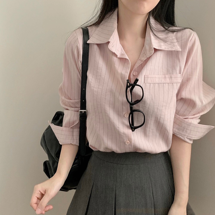 【タイ付き】ストライプシャツブラウス PINK